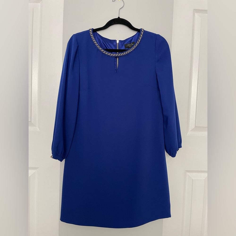 Tahari Blue Cocktail Dress with Embellished Crew Neck and Bishop Sleeves